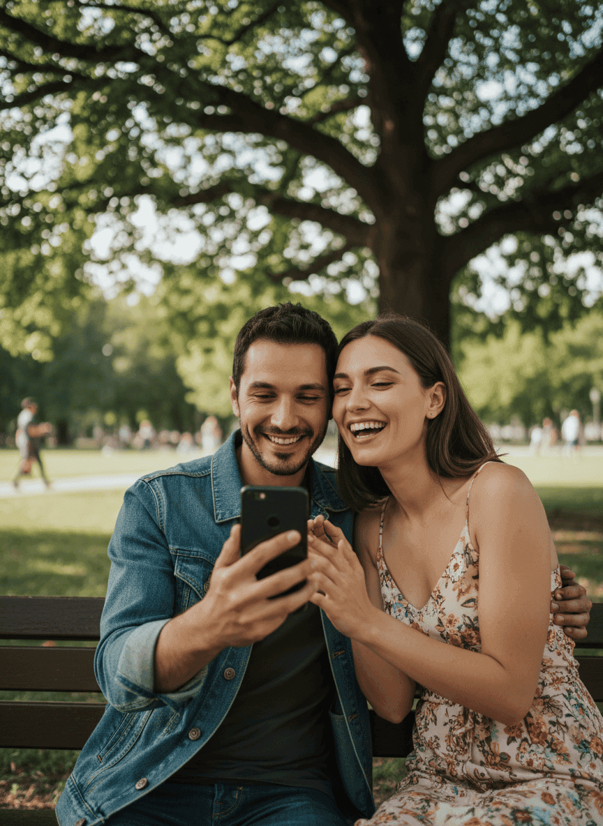 Happy couple reacting to a song in a public park sitting on a bench